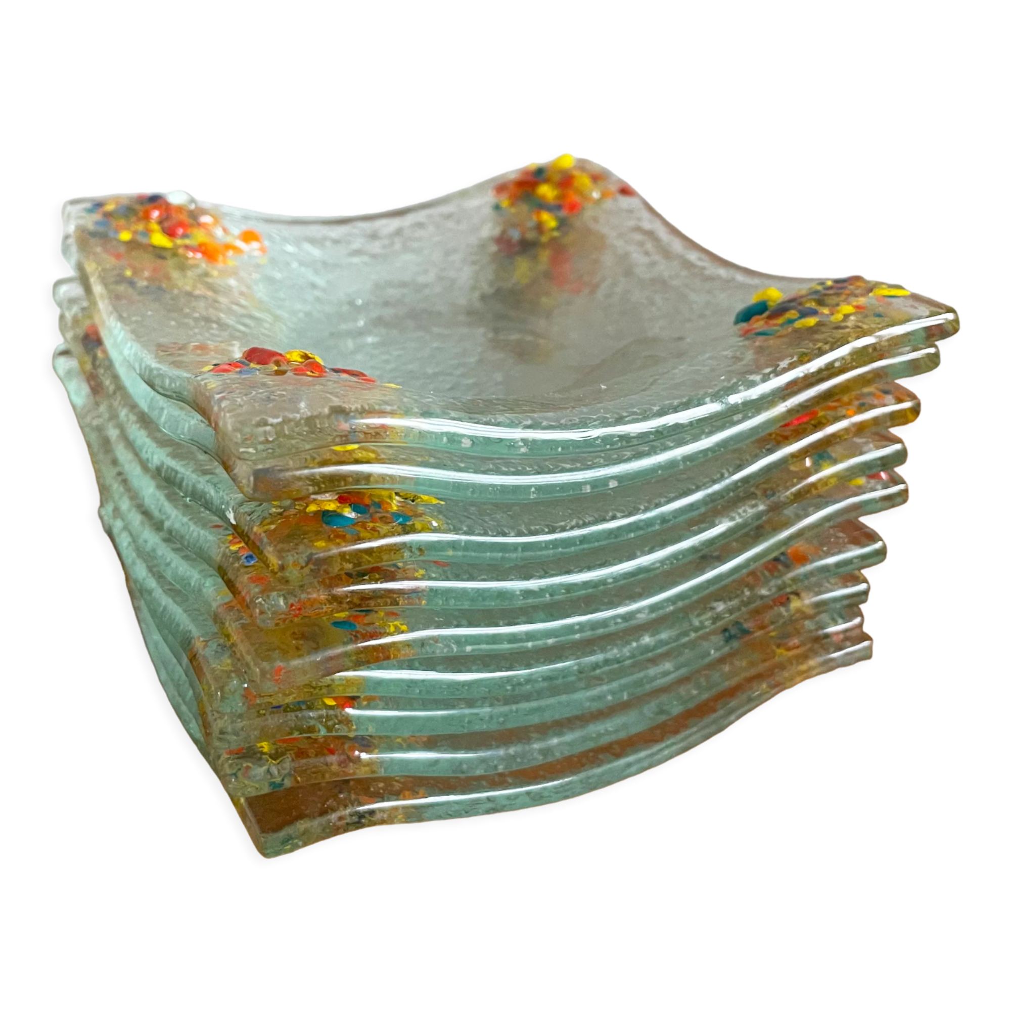 Art glass tea light holders or plates, fused glass with bright rainbow colours