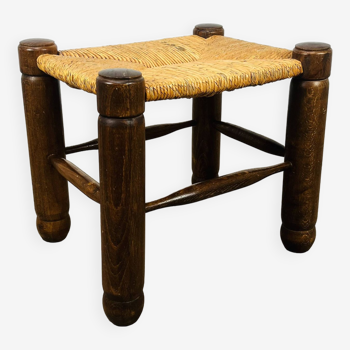 Brutalist style straw and wood stool