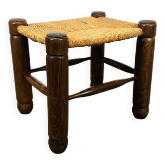 Brutalist style straw and wood stool