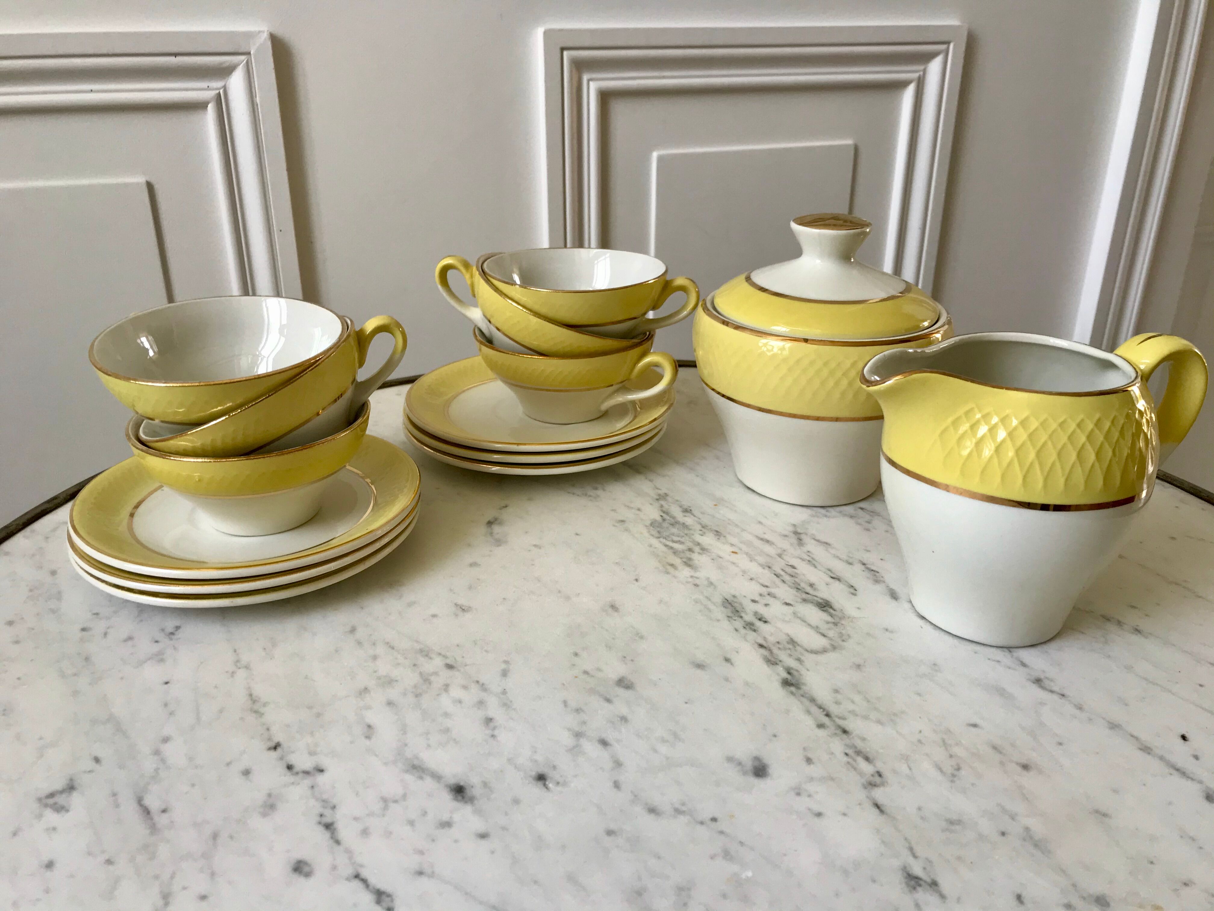 coffee set 6 cups, milk jug and sugar bowl Moulin des Loups textured yellow 50s