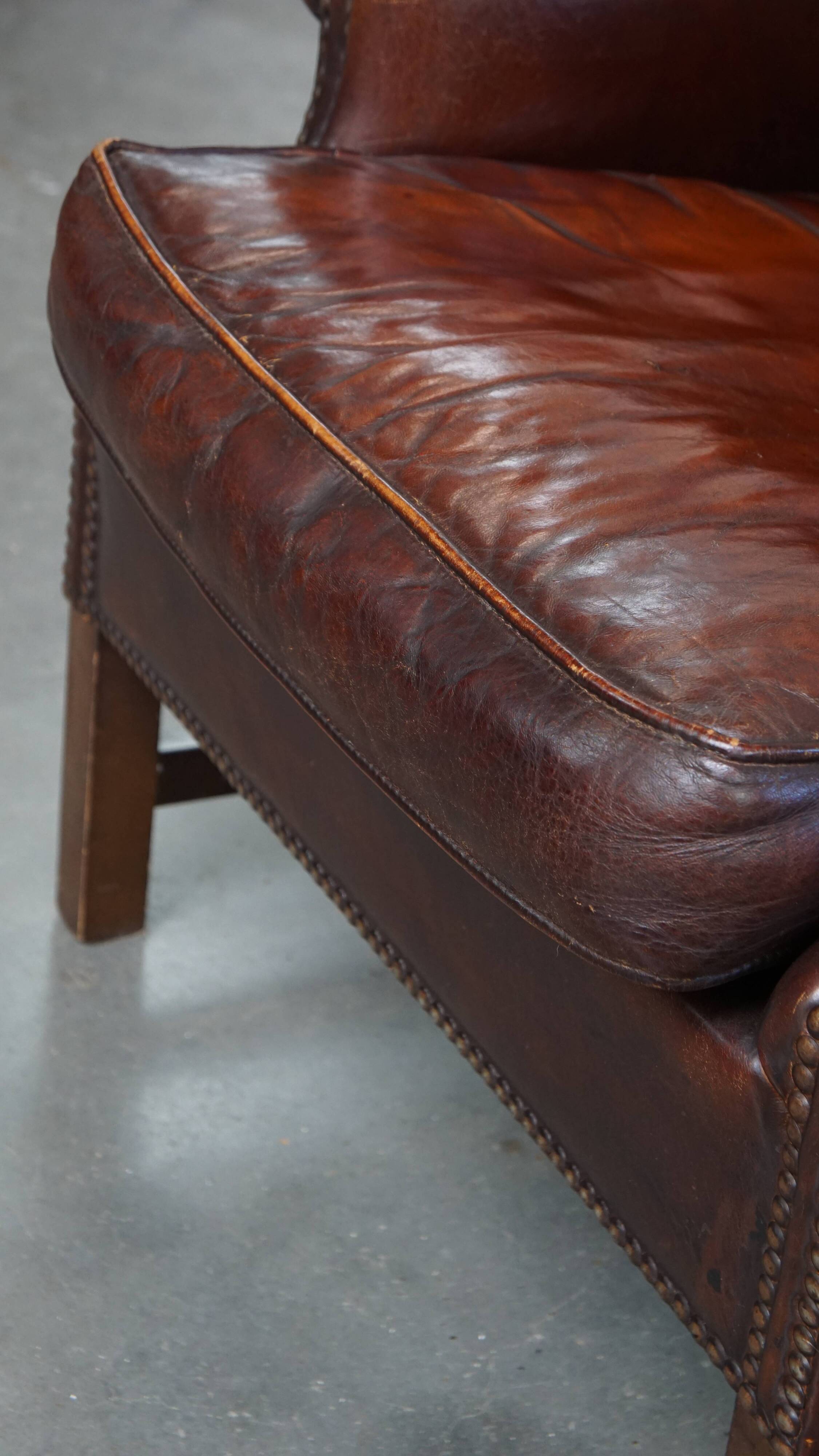 Dark English-Style Sheepskin Wingback Chair