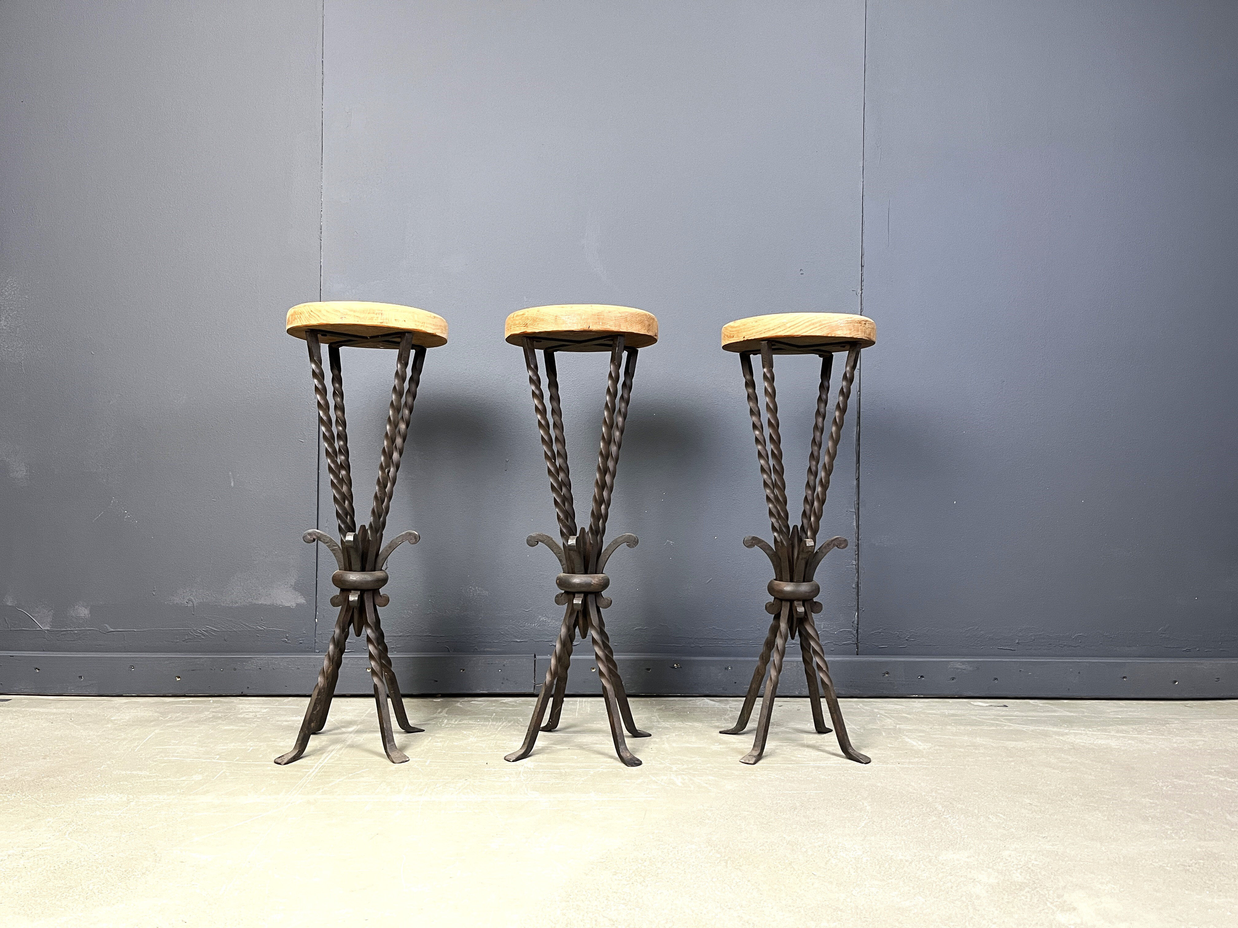 Vintage French wrought iron bar stools, 1960s - set of 3