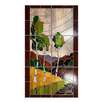Ancient stained glass landscape decoration – Trees and hills – Early 20th century