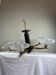 French modernist chandelier in wood, brass, and opalescent glass.