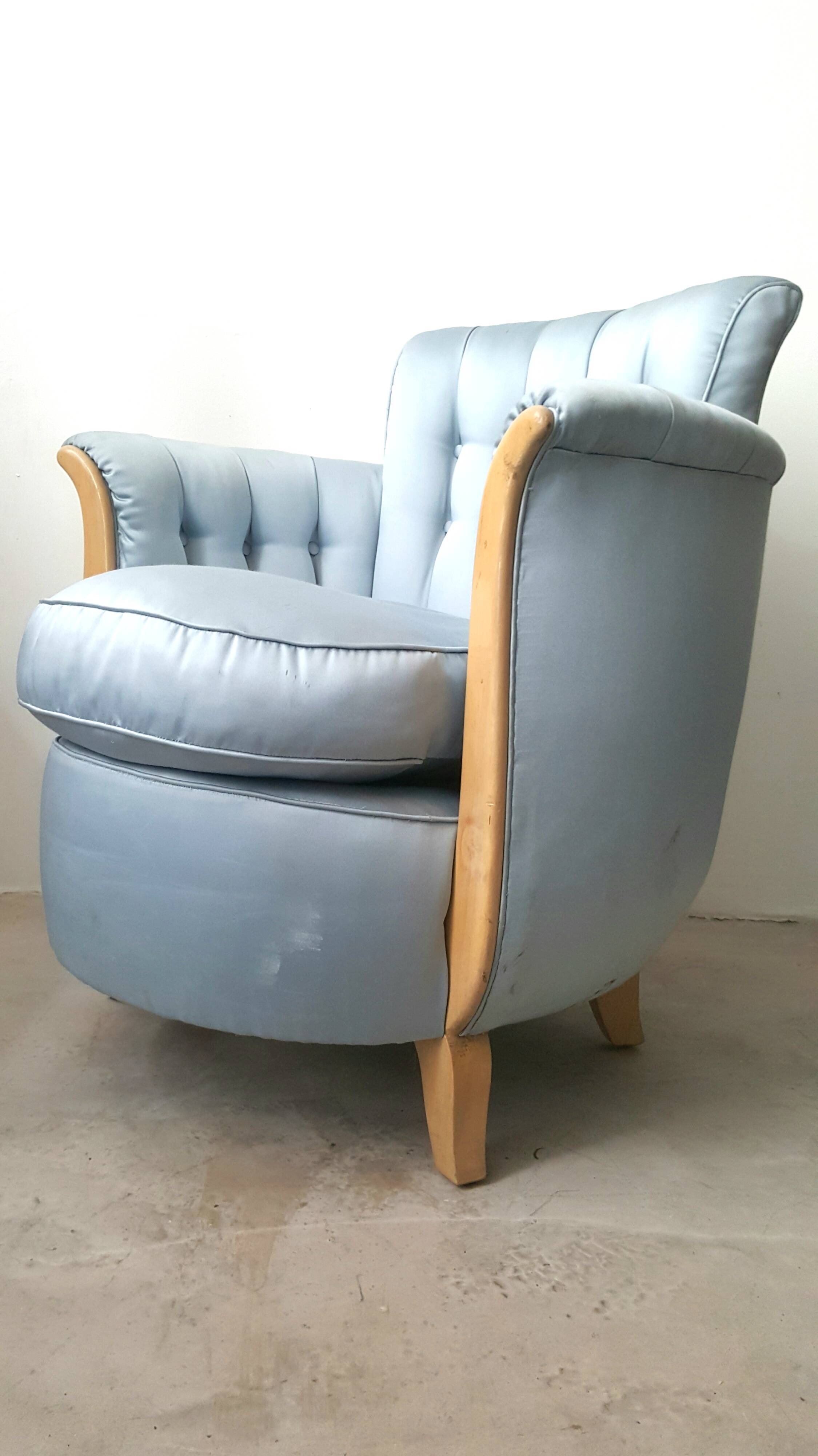 Cocktail chair bas corbeille in sycamore blond and blue silk - art deco 1930