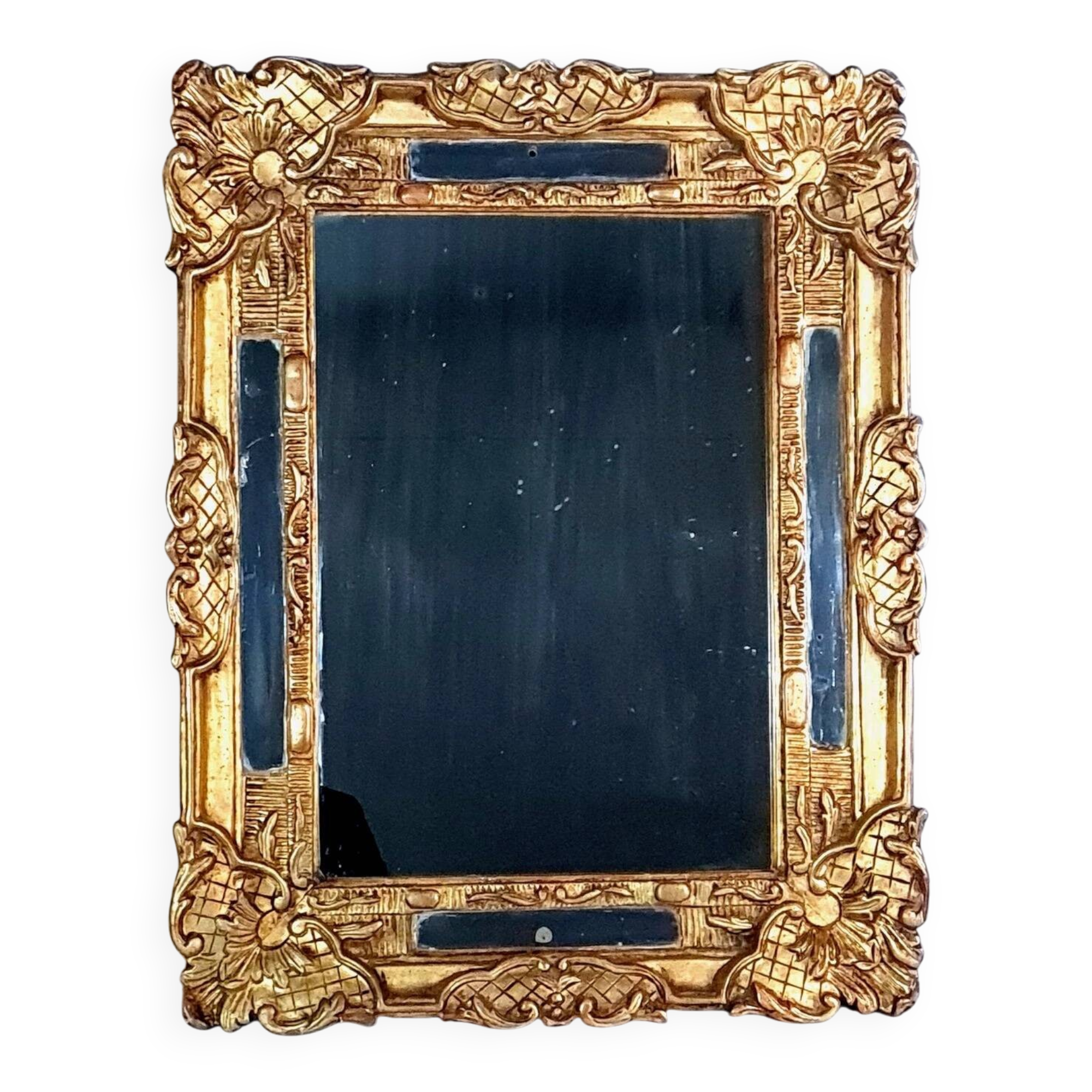 Antique mirror with carved wood frame and original gilding, 69x53 cm, C820.