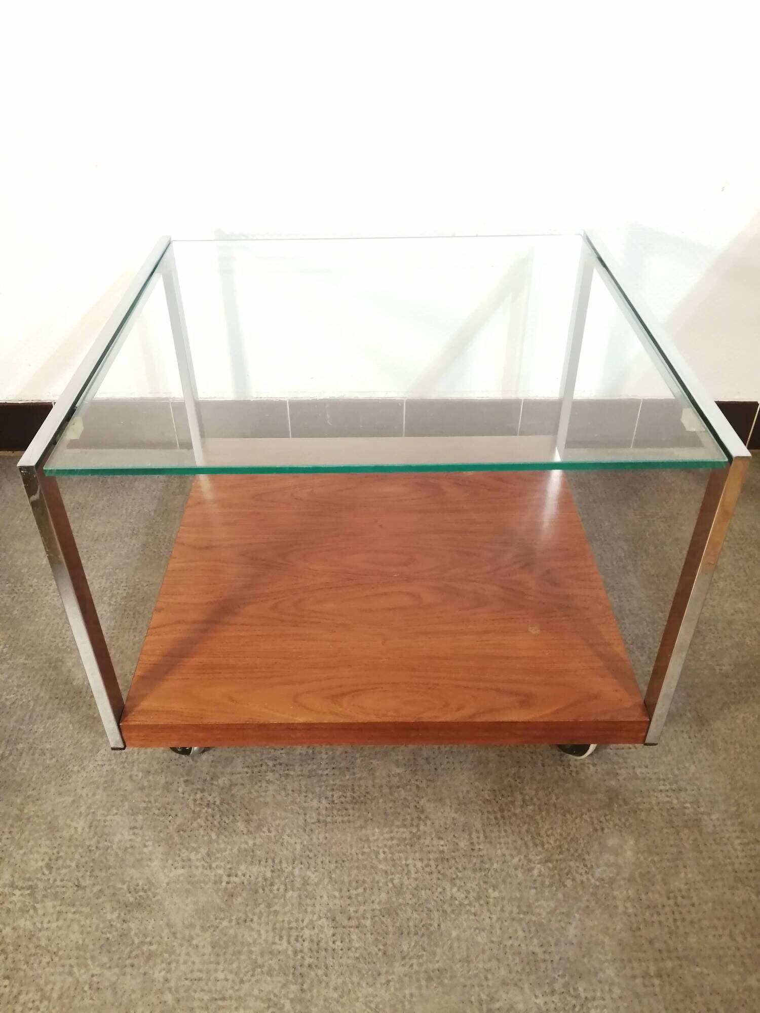 Designer coffee table on wheels, chrome, rosewood and glass from Denisco made in Italy 1970
