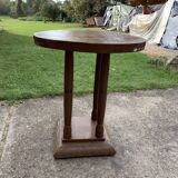 1930s Art Deco round side table in painted brown wood — column leg base