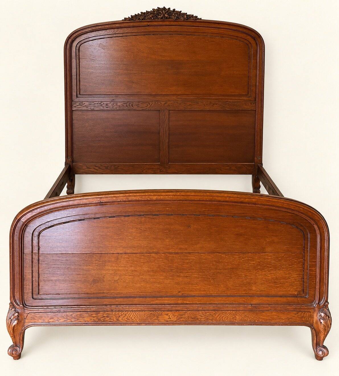 Double bed Louis XV carved walnut with roses and cabriole legs.