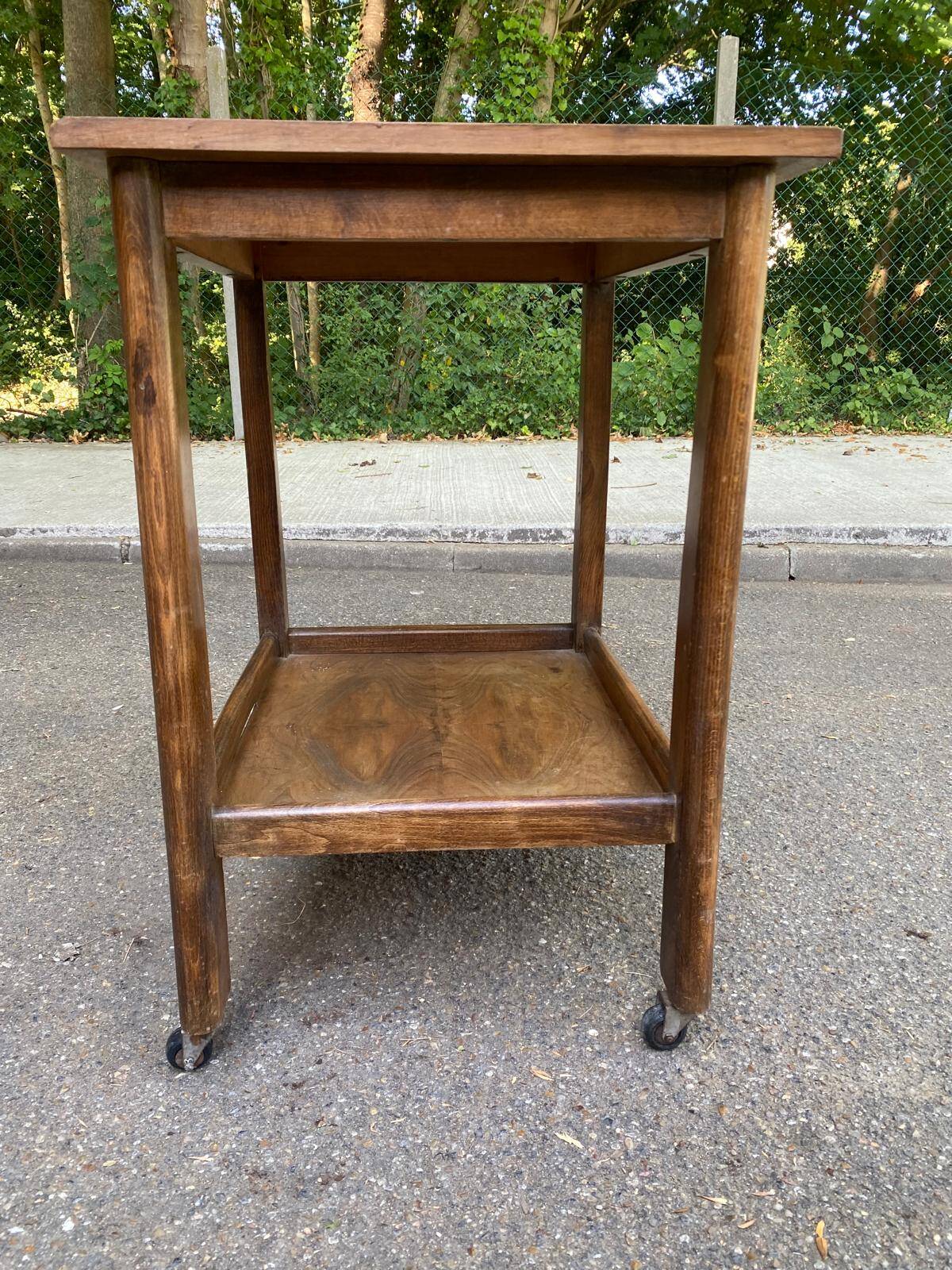 Vintage bar side table with wheels, Art Deco walnut, 1960.