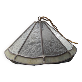 Old large Art Deco pendant lamp with mother-of-pearl and glass shade