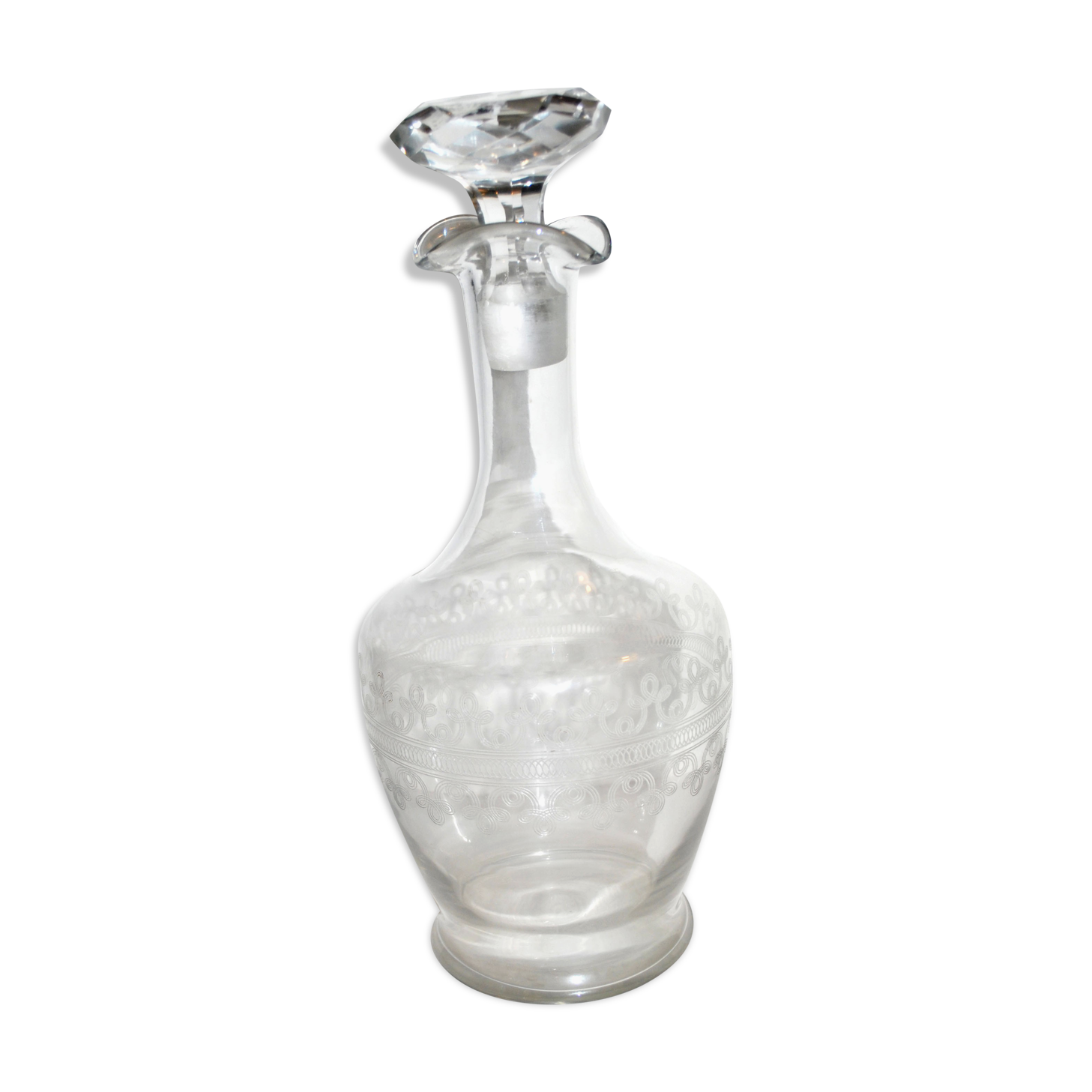 Baccarat crystal decanter engraved with guilloché volute acid 1920