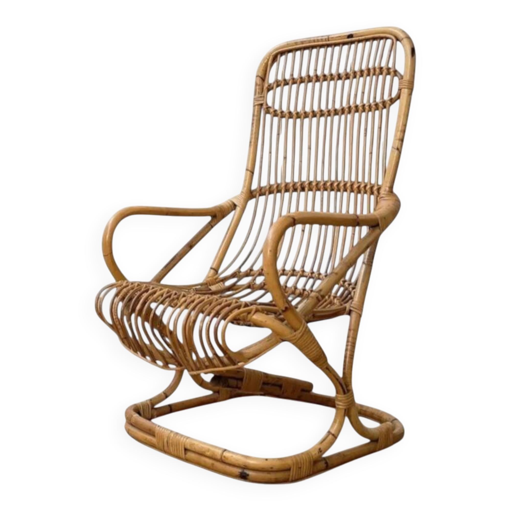 Vintage bamboo rattan armchair Tito Agnoli circa 1960