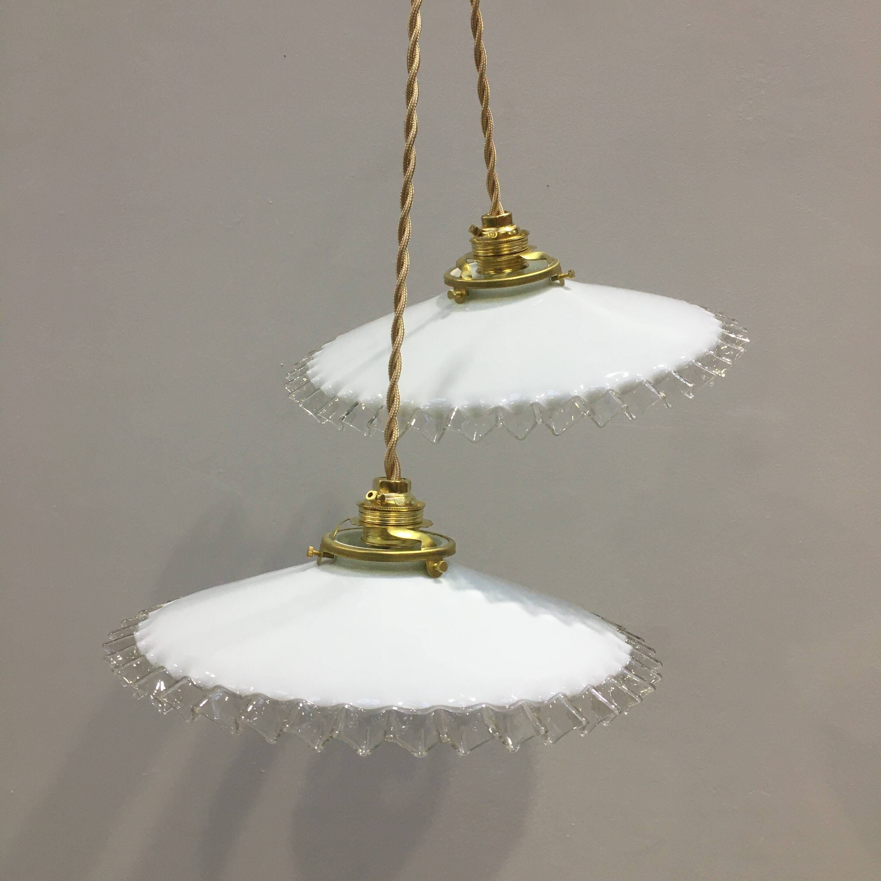 Pair of vintage pendant lights in white opaline and transparent serrated edges