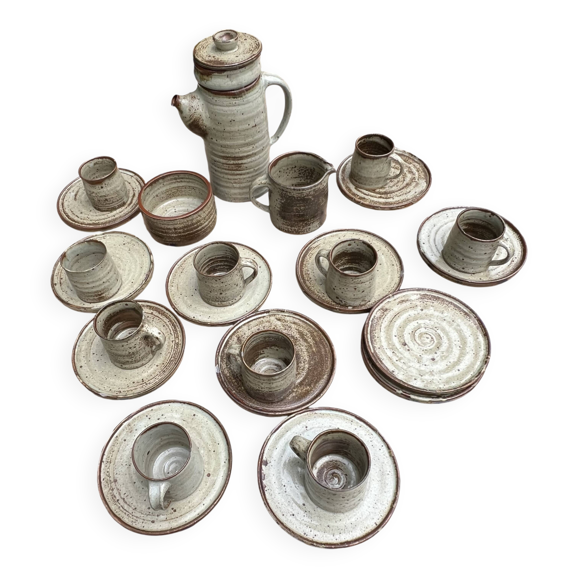 Vintage coffee and tea set in glazed stoneware from Puis potters - 15 pieces