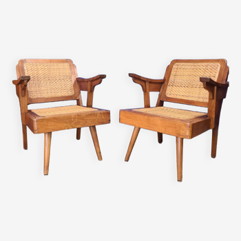 Pair of vintage 50s armchairs in rattan and exotic wood