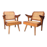 Paire de fauteuils vintage années 50 en rotin et bois exotique