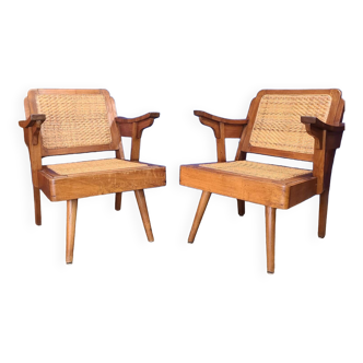 Paire de fauteuils vintage années 50 en rotin et bois exotique
