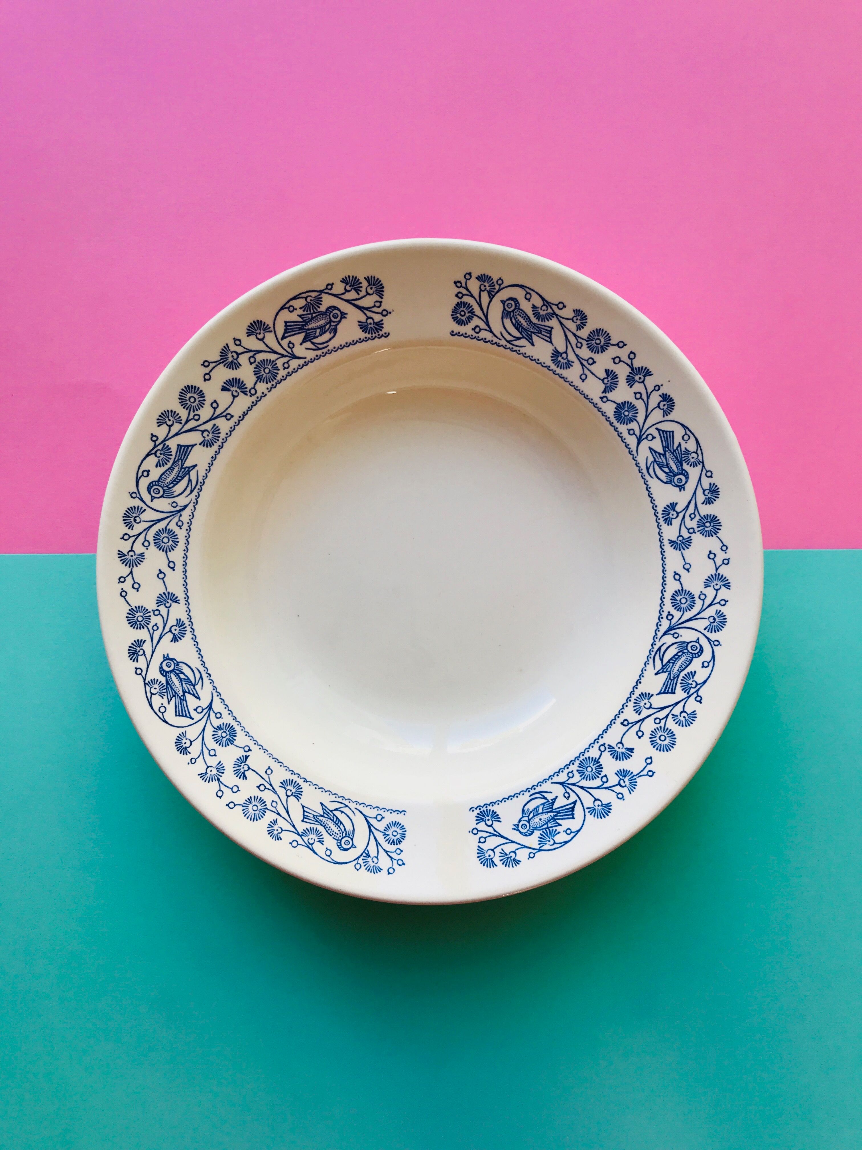 Hollow plate in faience pattern vintage blue bird j.v liex