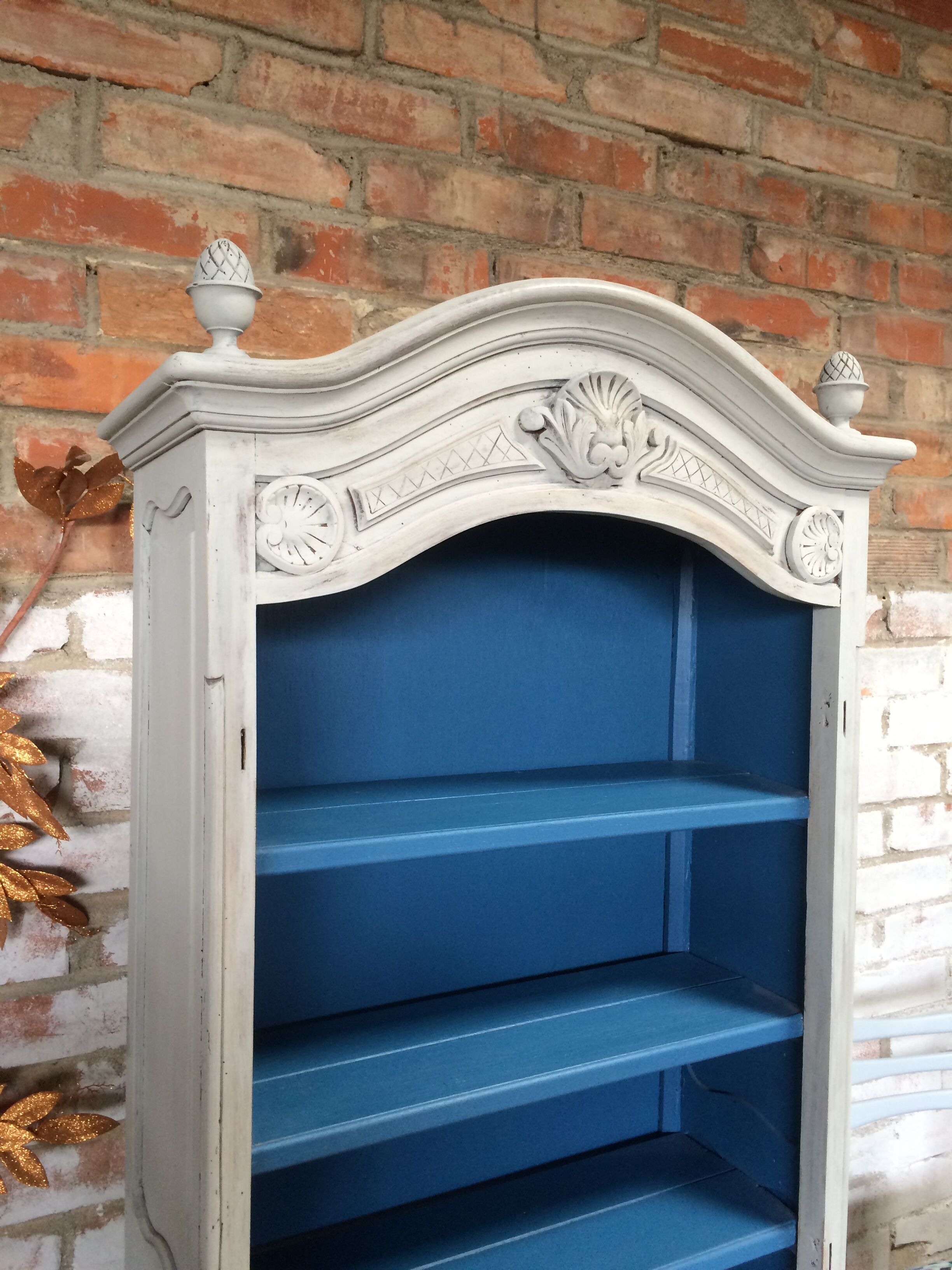 Old bookcase gray & blue wood mouldings