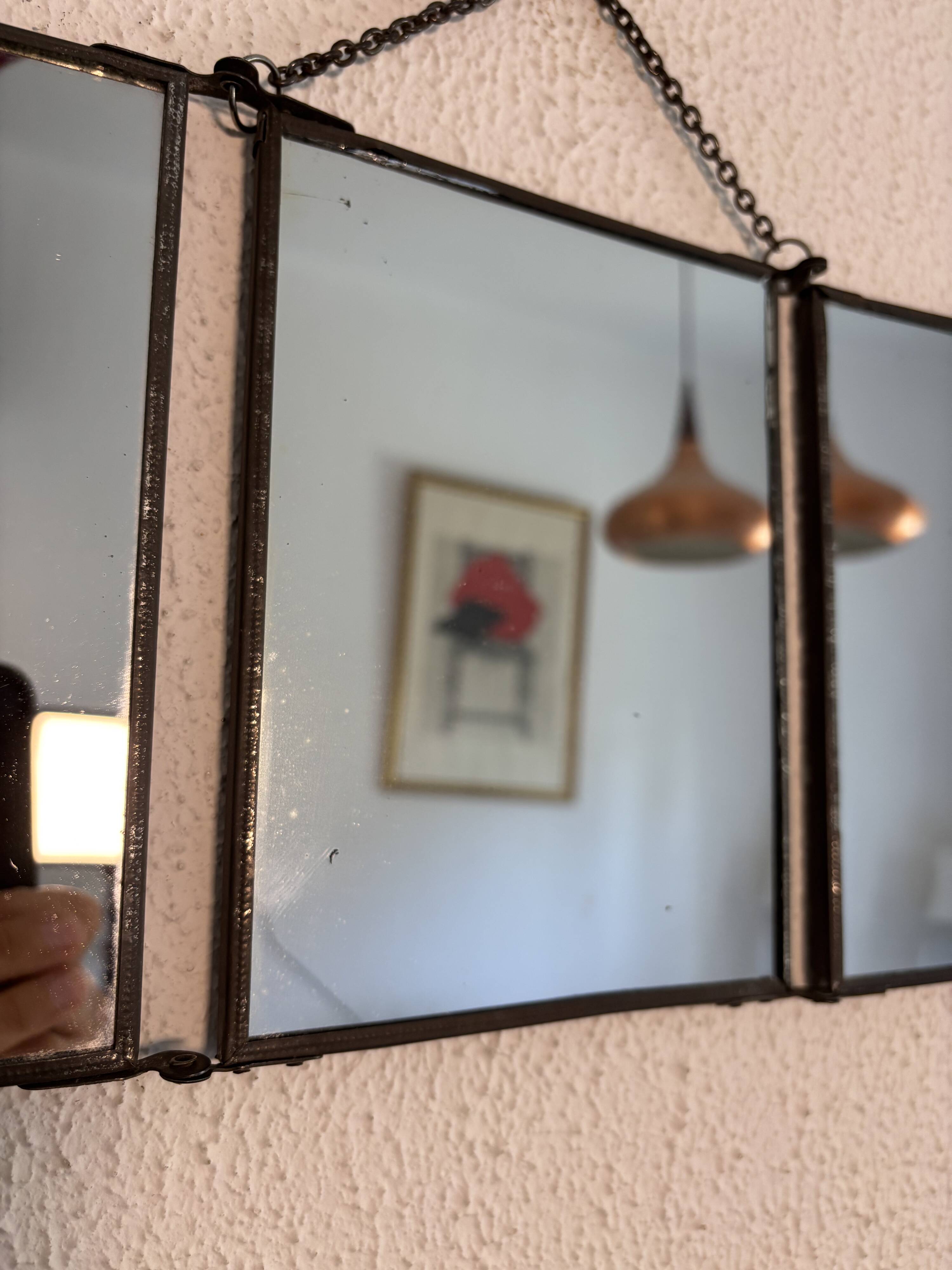 Vintage 1930s triptych mirror depicting a barber, hairdresser, and young dancer