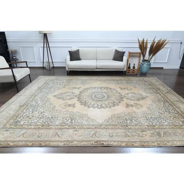 1960s Vintage Persian Handmade Wool Cotton Beige Area Rug 290x385
