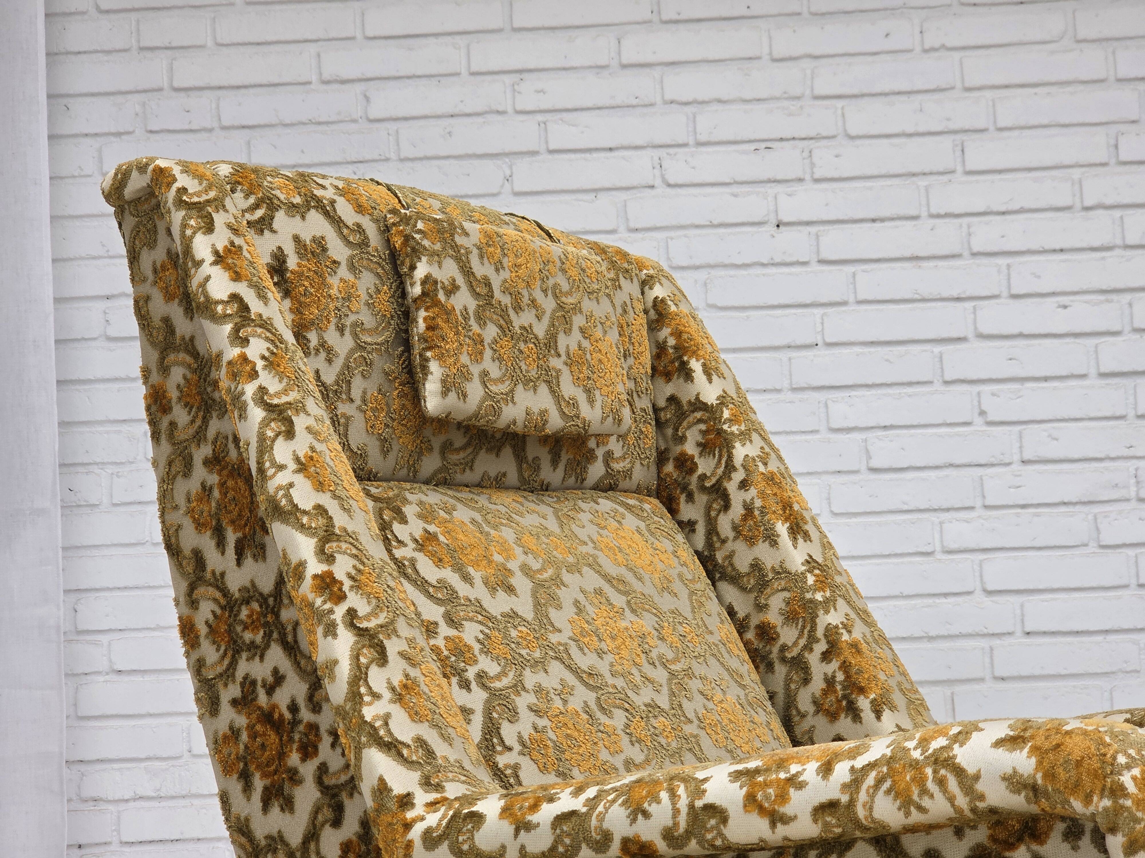 1970s, Danish highback armchair, Brown/beige furniture fabric, teak wood.