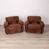 Pair of armchairs with wooden and metal structure and brown velvet covering