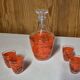 Decorated glass liqueur set, carafe and 4 glasses with asian scene