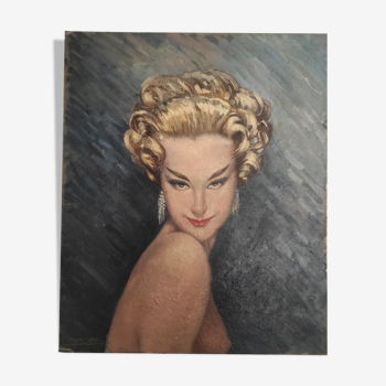Tableau portrait femme nue huile sur carton années 30 40 signé