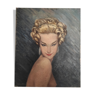 Painting portrait nude woman oil on cardboard years 30 40 signed