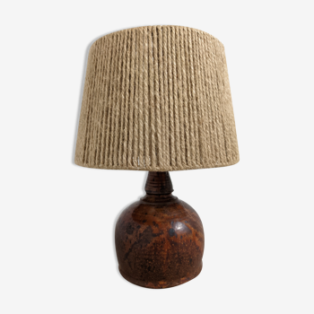 Lampe vintage en grès vernissé et corde de jute