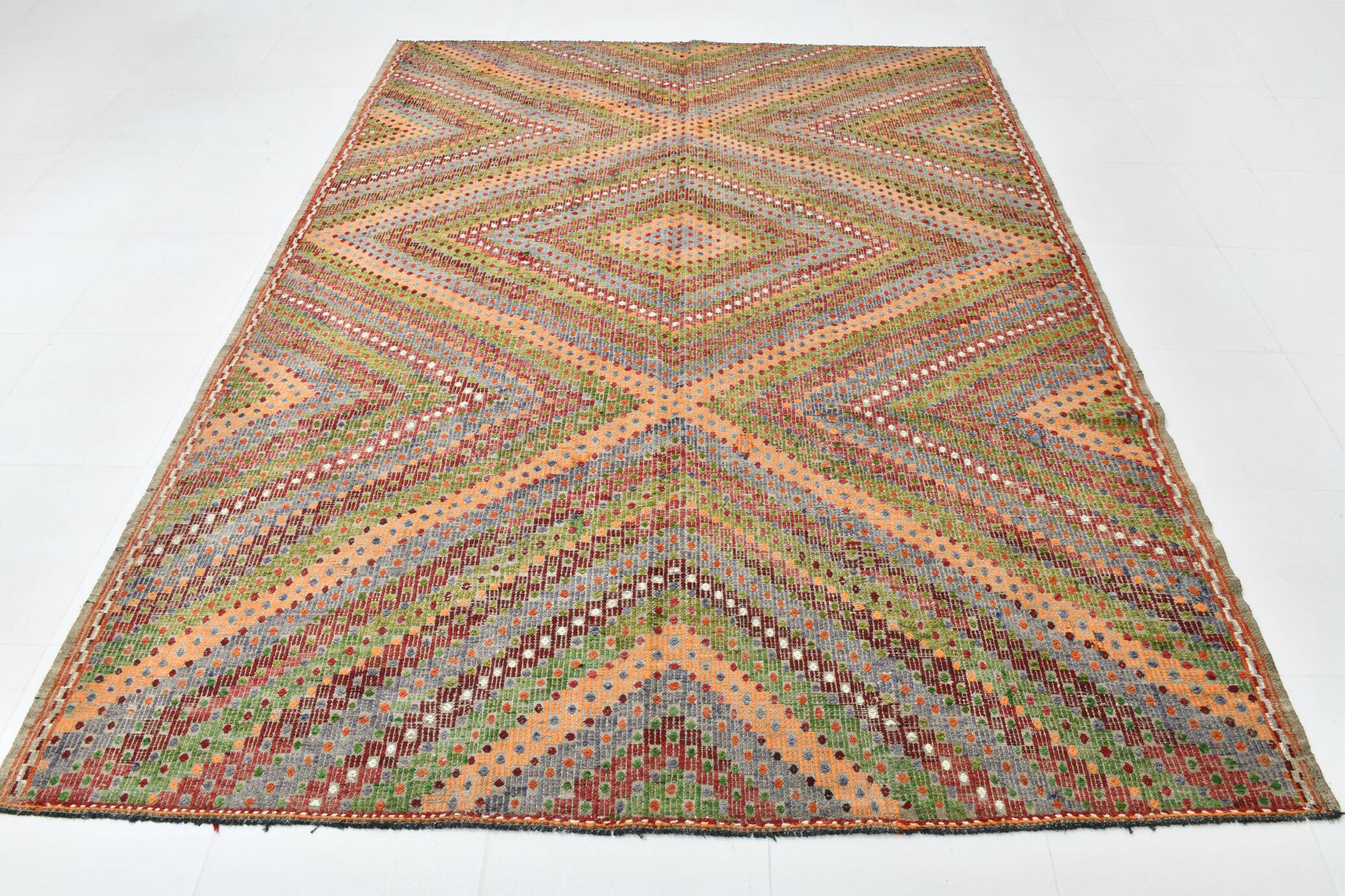 Tapis Kilim vintage vert et orange 7x9, 203x263 cm