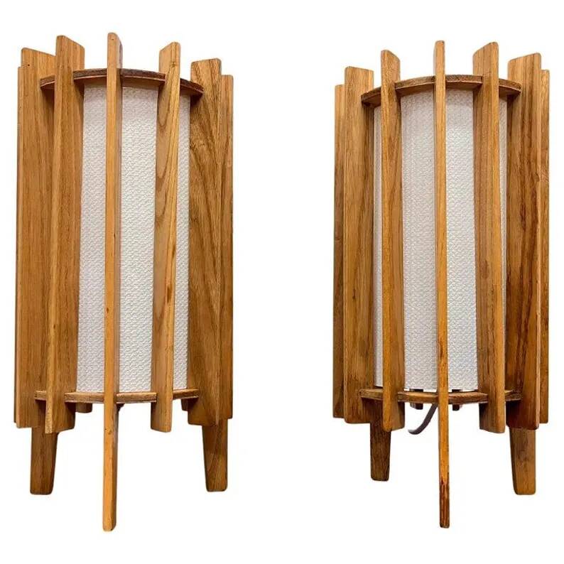Ib fabiansen wooden space age table lamps by fog and mørup - denmark - 1960s