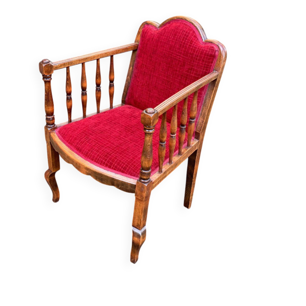 Fauteuil vintage art nouveau en bois massif et velours bordeaux du 20ème