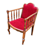 Fauteuil vintage art nouveau en bois massif et velours bordeaux du 20ème