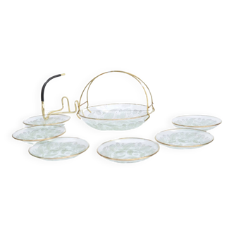 Set of glass candy basket + 6 saucers, USSR, 1960s.
