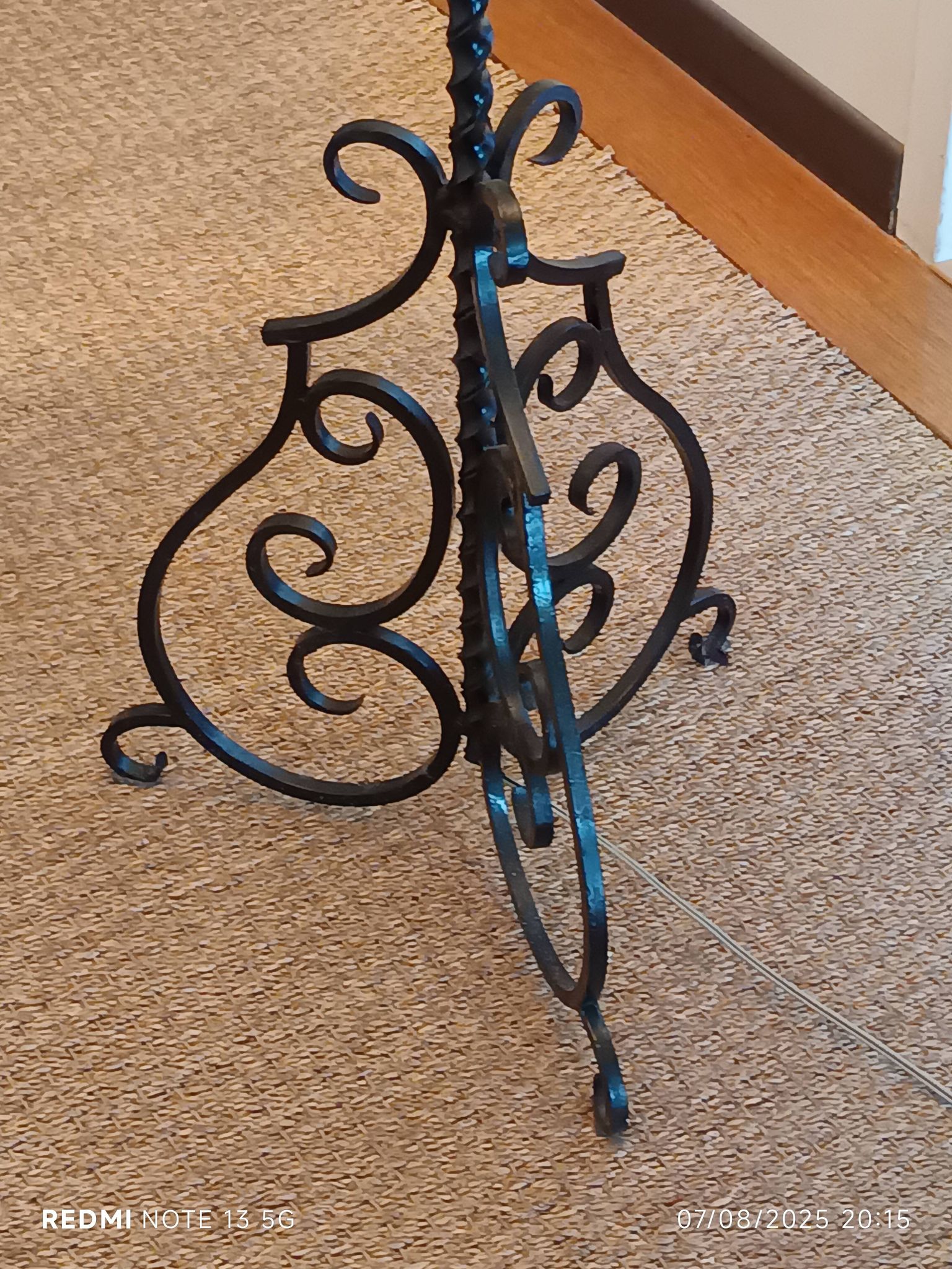Black twisted iron lampstand with scrolled tripod base 1950/1960