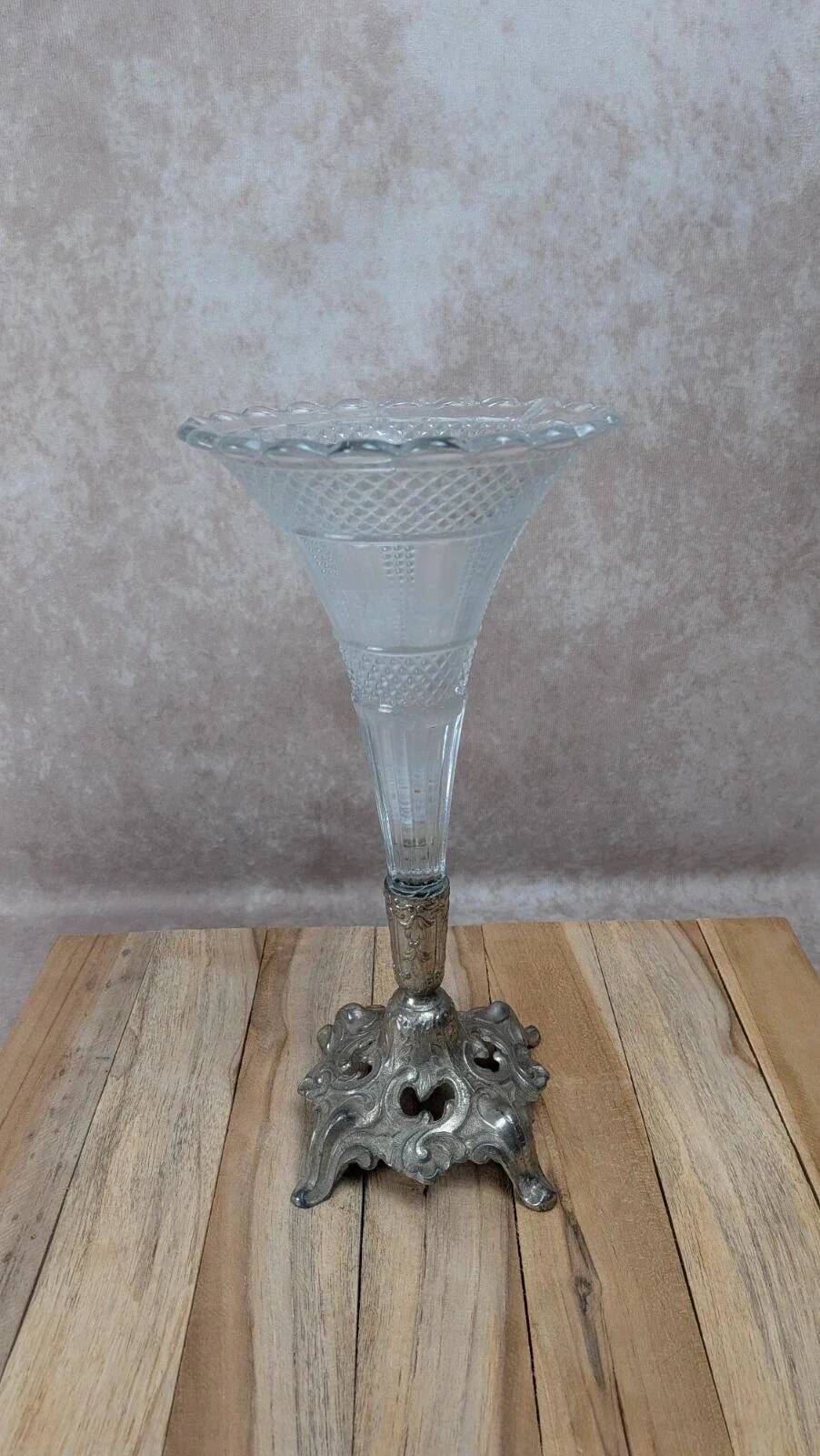 Vintage pressed glass tulip vase on silver-plated metal stand – centrepiece