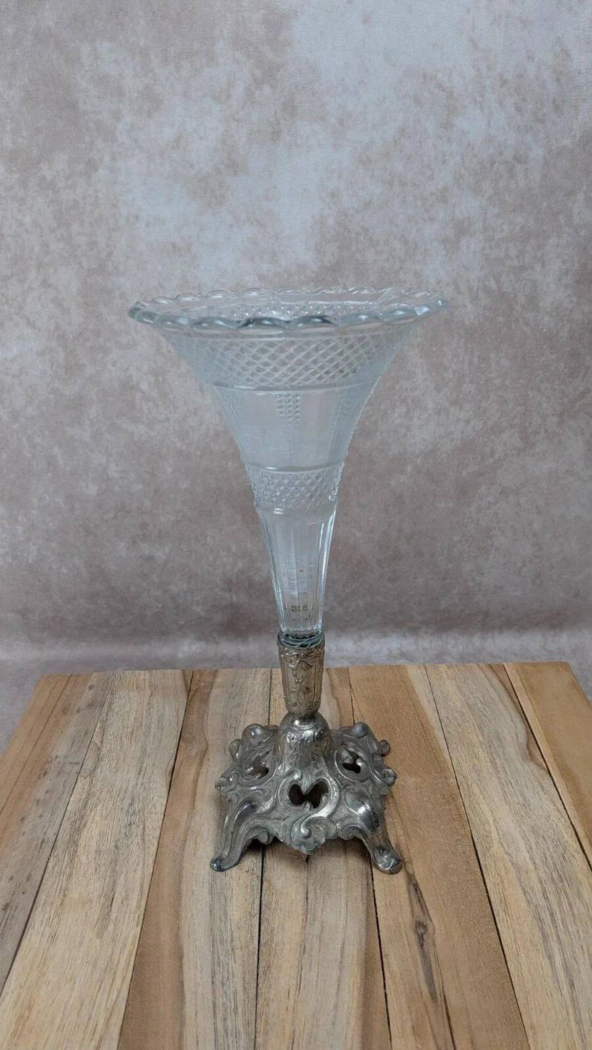 Vintage pressed glass tulip vase on silver-plated metal stand – centrepiece