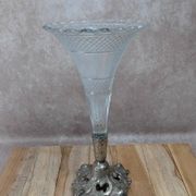 Vintage pressed glass tulip vase on silver-plated metal stand – centrepiece