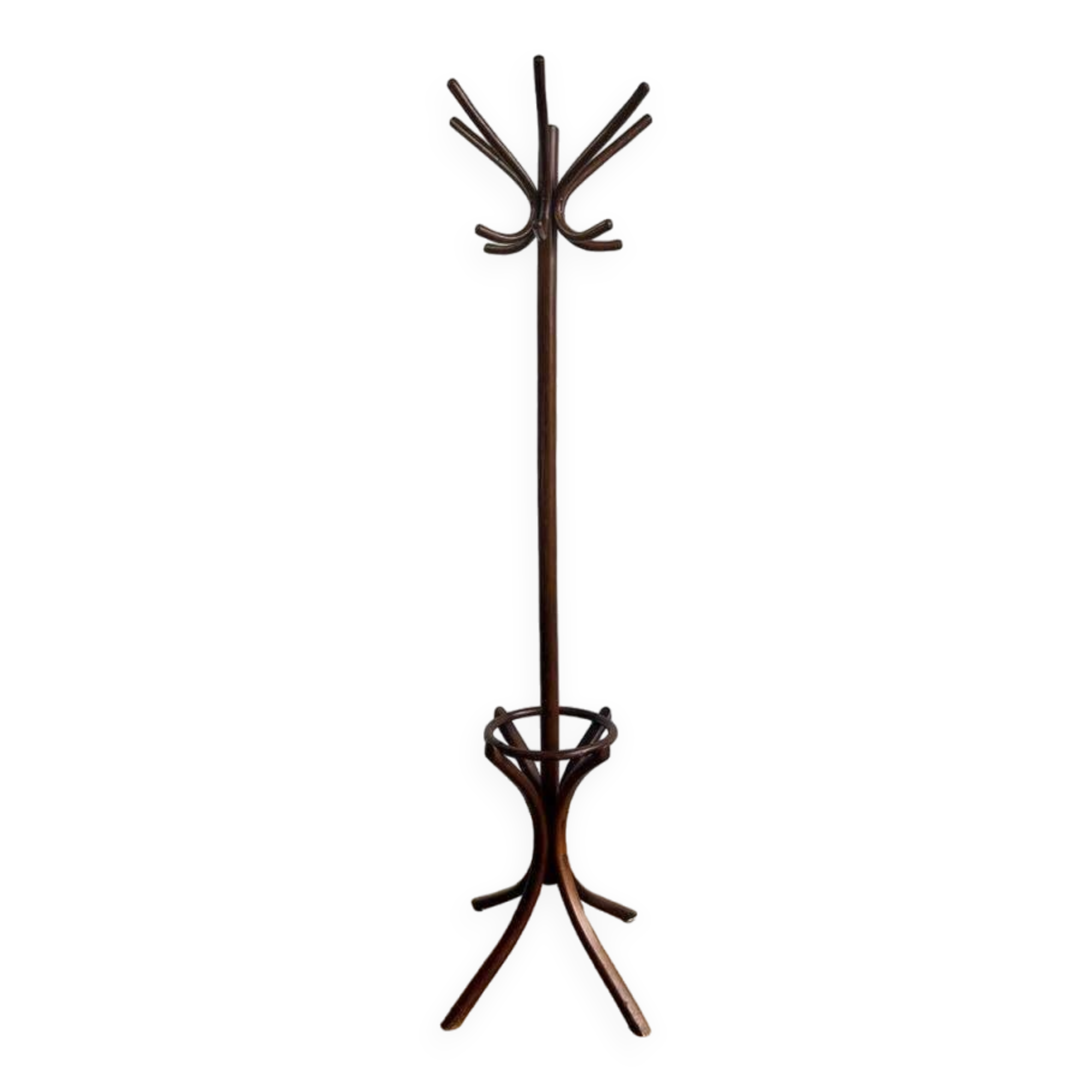 Vintage coat rack on floor in curved wood, thonet style