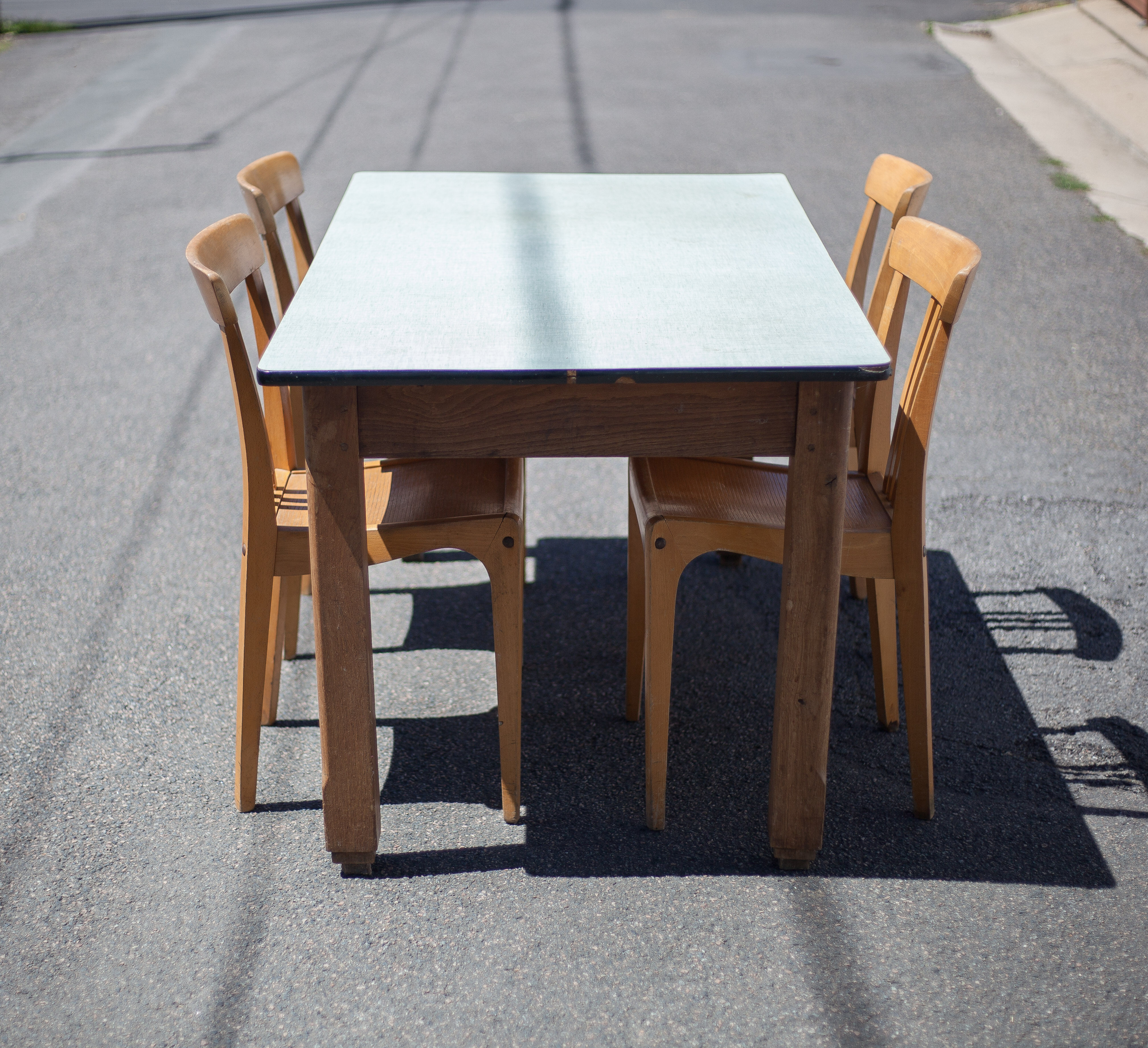 Wooden table formica top green vintage water
