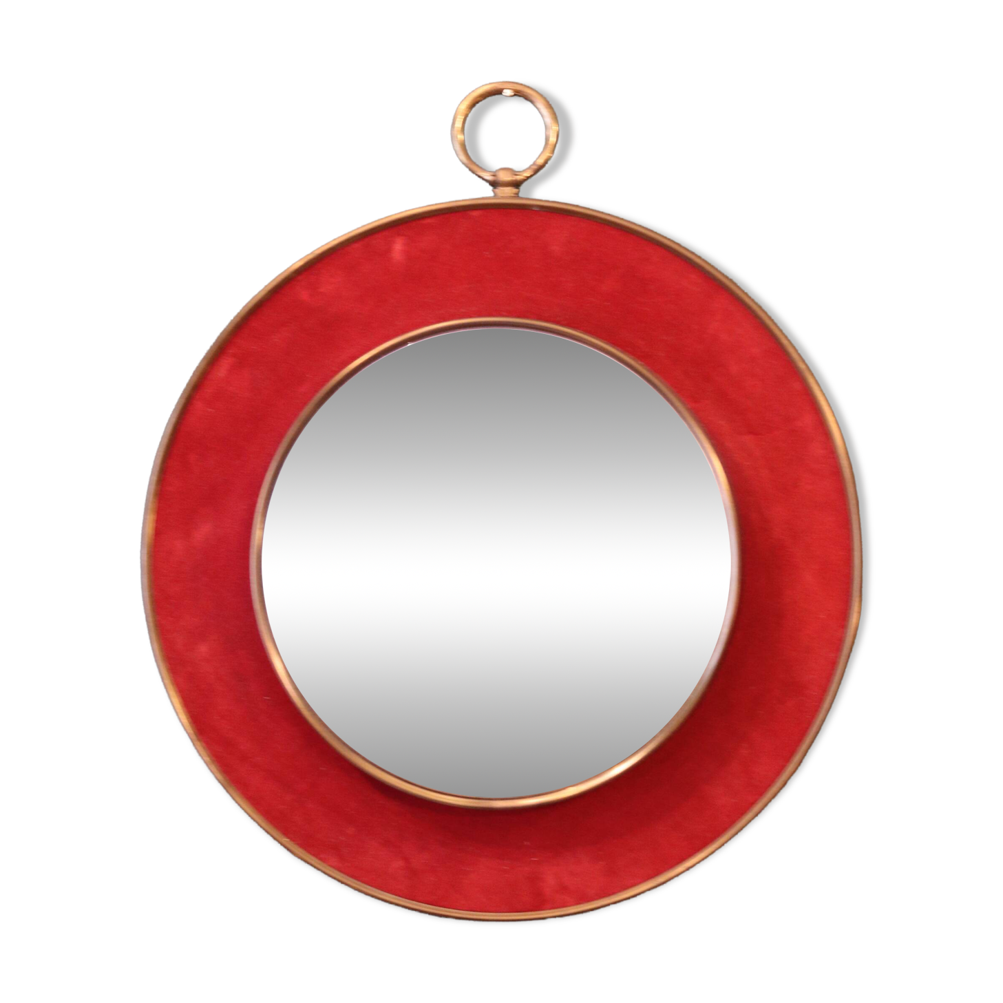 Witch's eye mirror in brass and red velvet