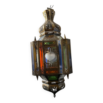 Moroccan handmade lantern in copper and colored glass 50cm