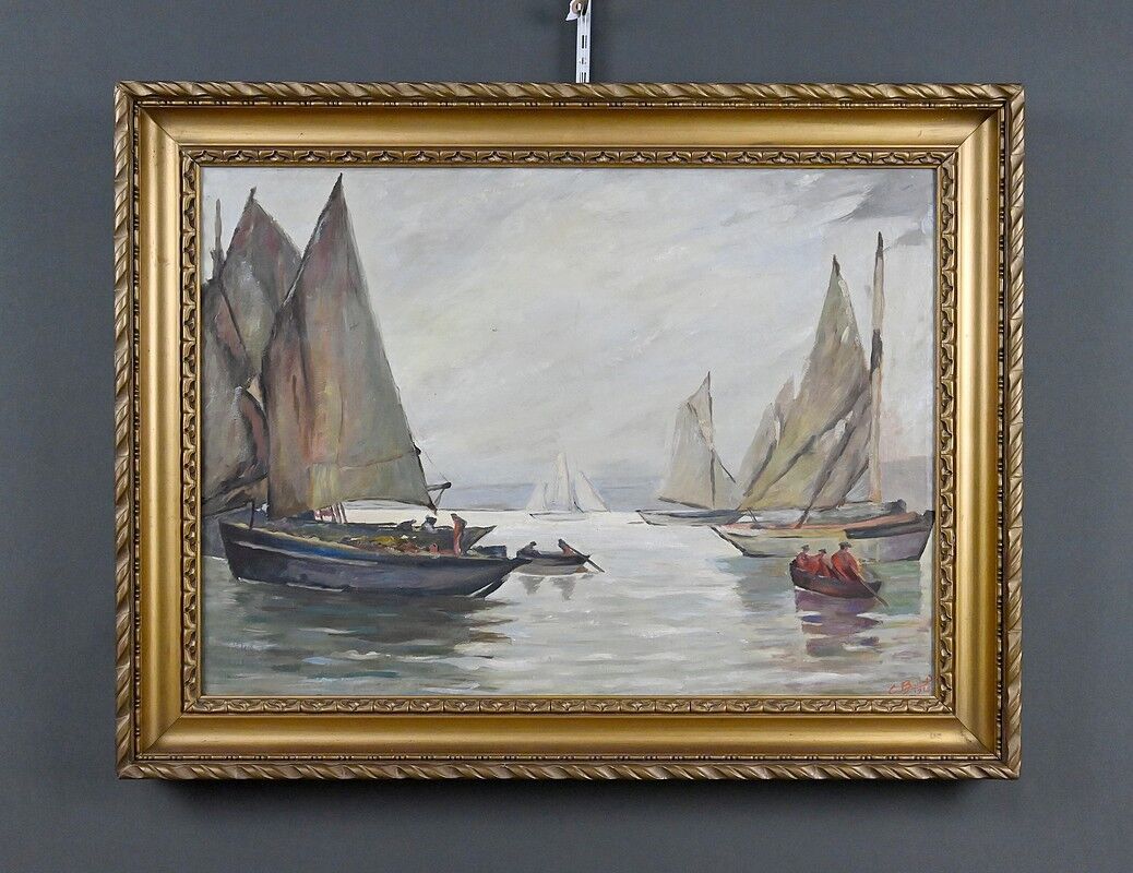 Painting "Sailboats on Calm Sea", oil on canvas, signed C. Bustad – 1928