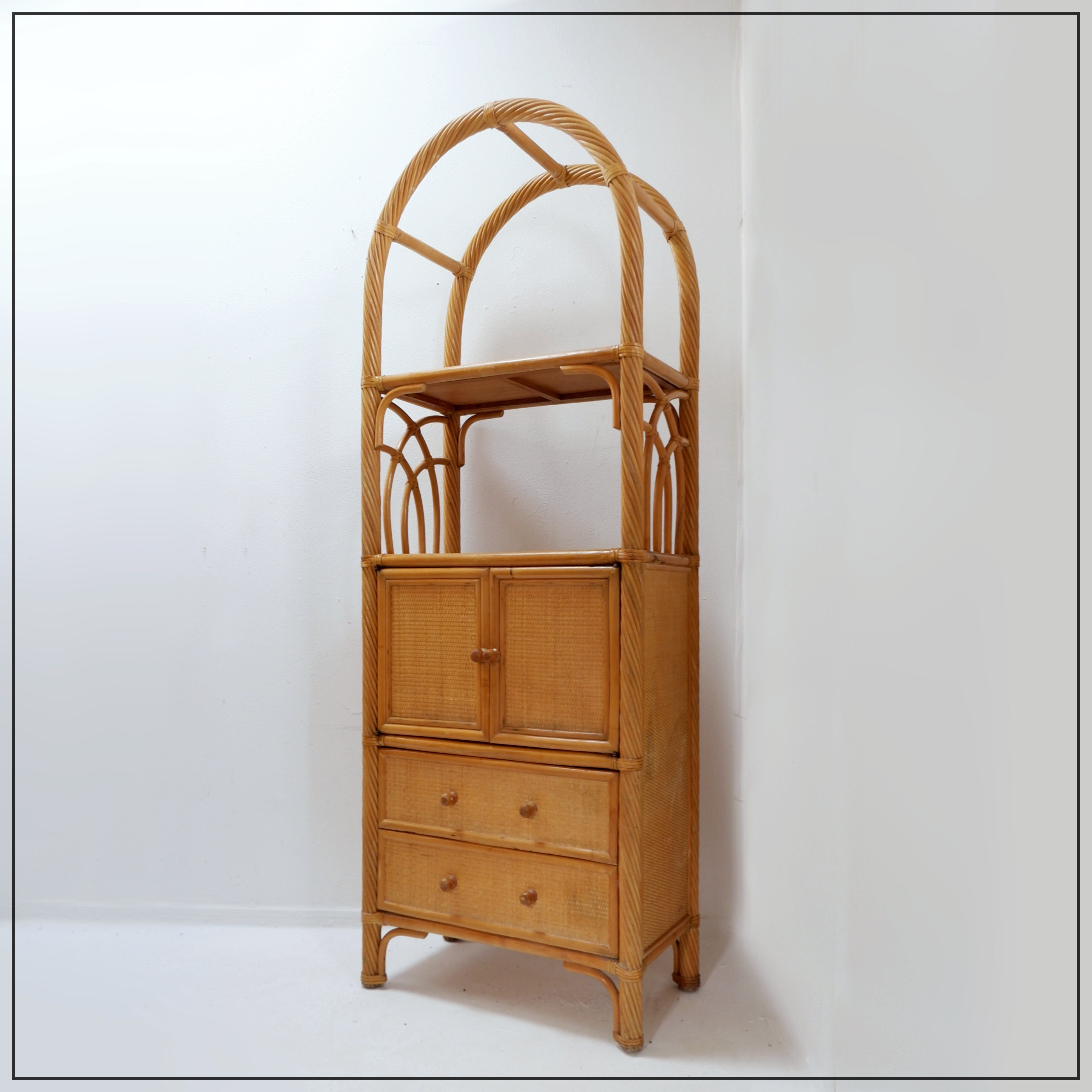 Vintage bamboo bookcase with drawers, 1980s