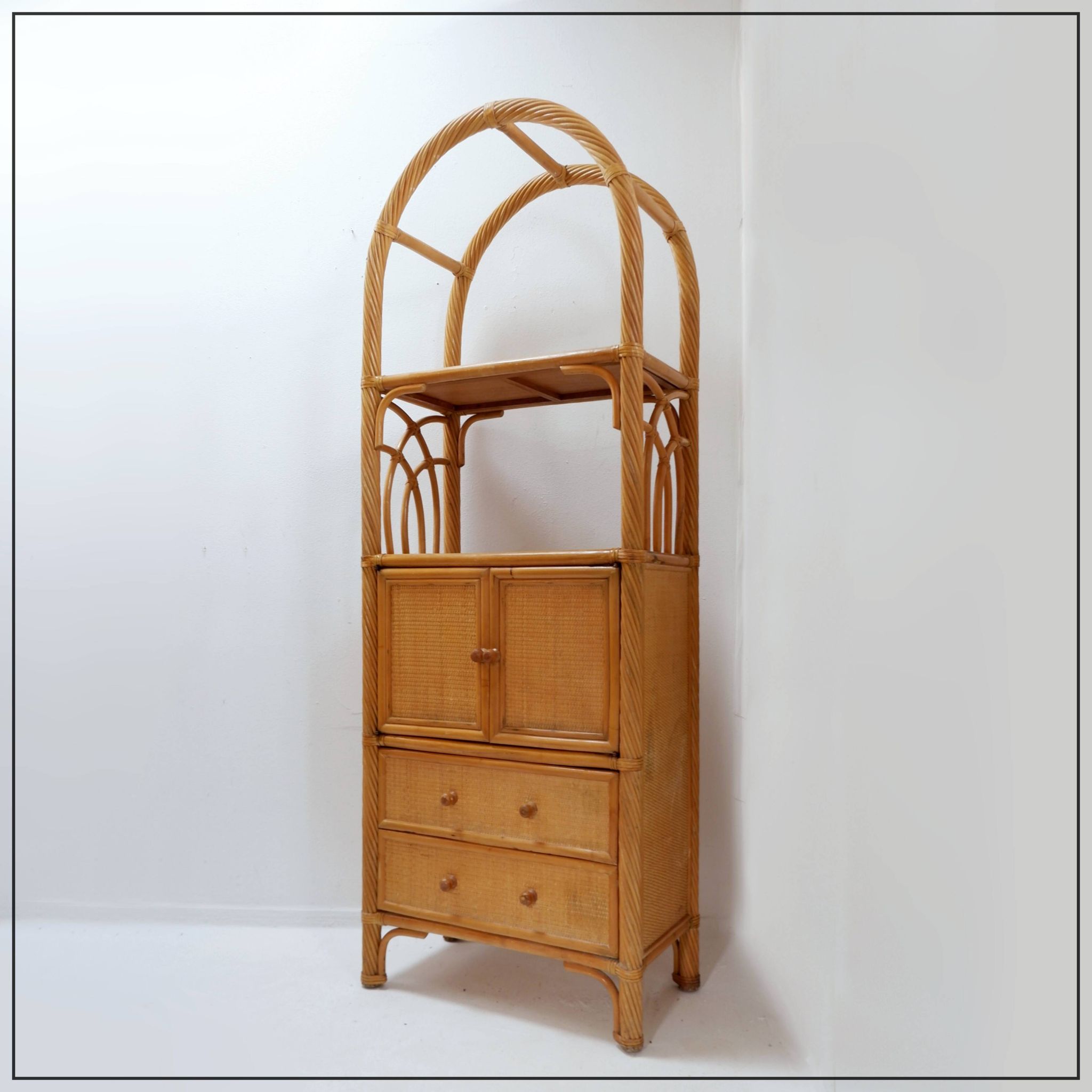 Vintage bamboo bookcase with drawers, 1980s