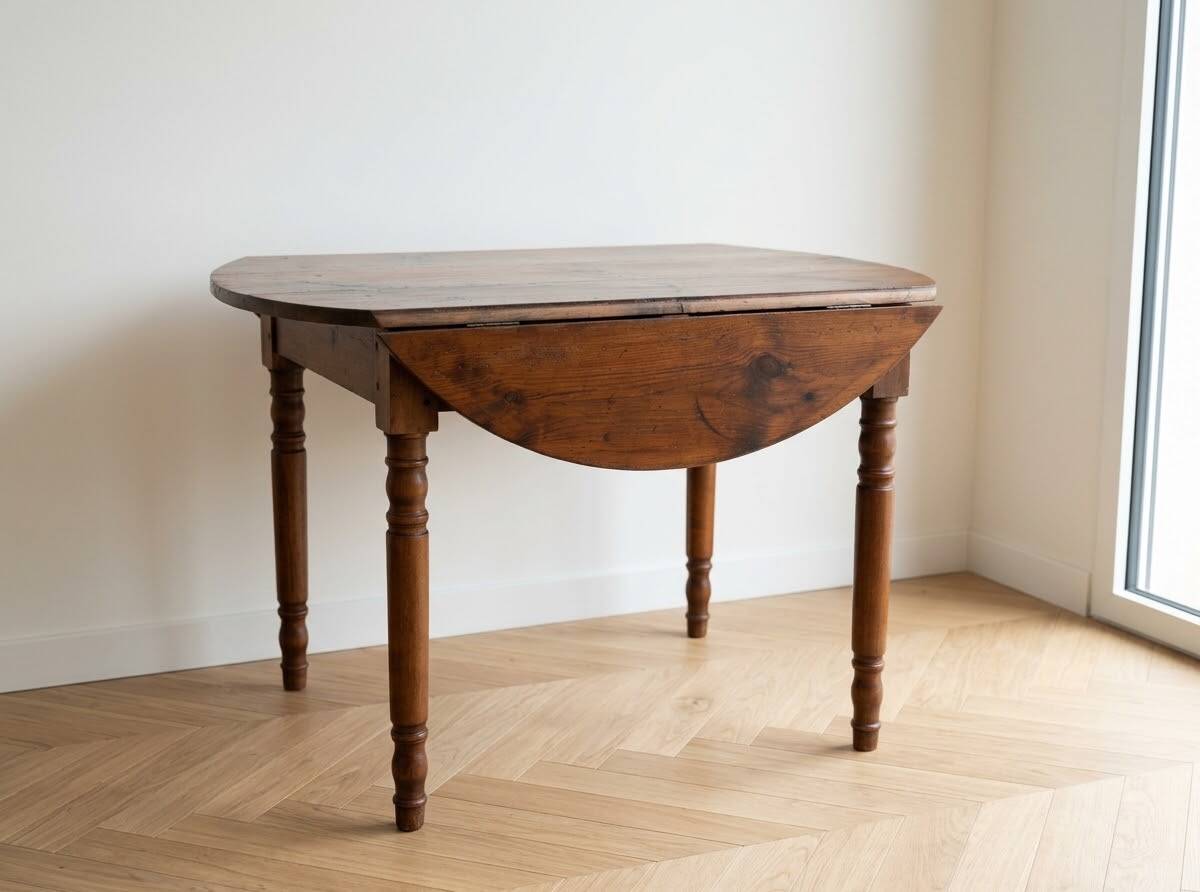 Antique dining table with drop leaves, wood.