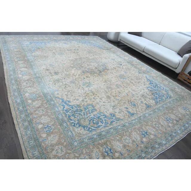 1970s Vintage Persian Handmade Wool Cotton Light Brown Area Rug 295x394